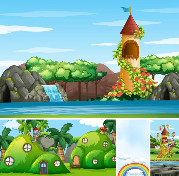 幻想世界的四个不同场景 有幻想的地方 有城堡插图的仙女 — 图库矢量图片