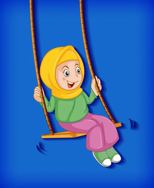 Ευτυχισμένο Κορίτσι Μουσουλμάνος Κάθονται Στην Εικόνα Ταλάντευσης — Διανυσματικό Αρχείο