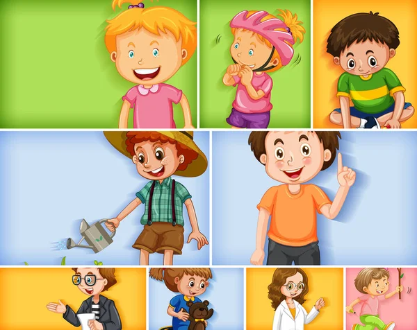 Set Different Kid Characters Different Color Background Illustration — Stock Vector