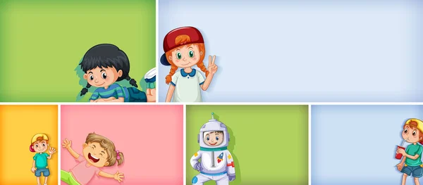 Set Diversi Personaggi Bambini Diverse Illustrazioni Sfondo Colori — Vettoriale Stock