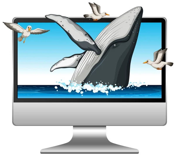 屏幕上有鲸鱼图片的计算机 — 图库矢量图片