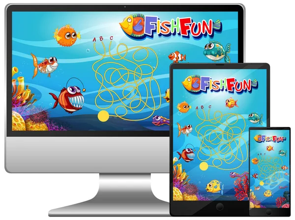 コンピュータ画面のイラスト上の魚ゲームのセット — ストックベクタ