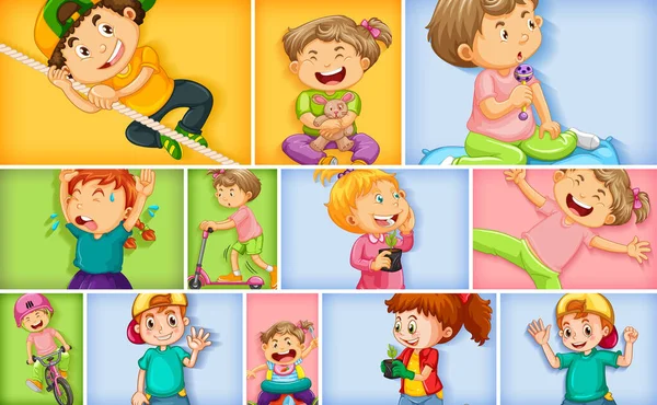 Conjunto Diferentes Personajes Infantiles Diferentes Ilustraciones Fondo Color — Vector de stock