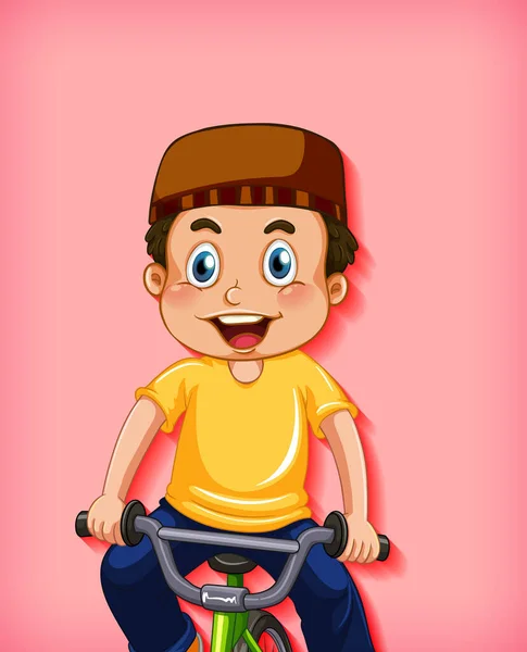 Happy Muslim Boy Riding Bicycle Illustration — Stock Vector
