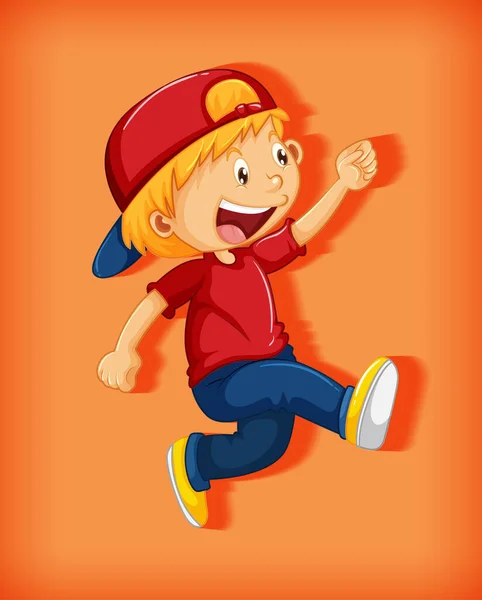 Cute Boy Wearing Red Cap Stranglehold Walking Position Cartoon Character — Stock Vector