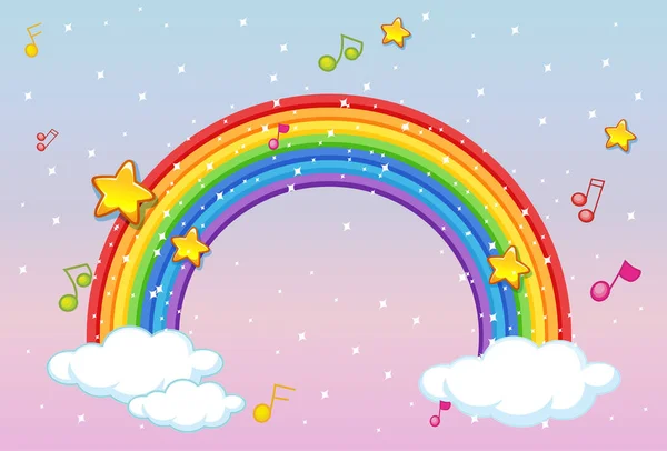 Regenbogen Mit Musik Thema Und Glitzern Auf Pastellhimmel Hintergrund Illustration — Stockvektor