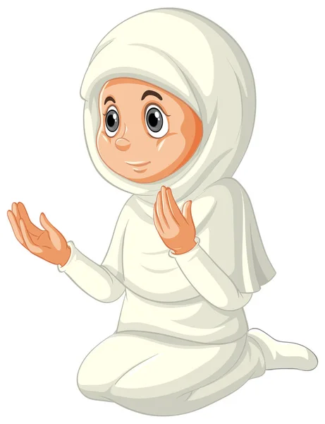 Árabe Muçulmano Menina Roupas Tradicionais Posição Oração Isolado Fundo Branco — Vetor de Stock