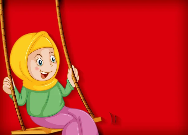 Happy Muslim Girl Sit Swing Illustration — Stock Vector
