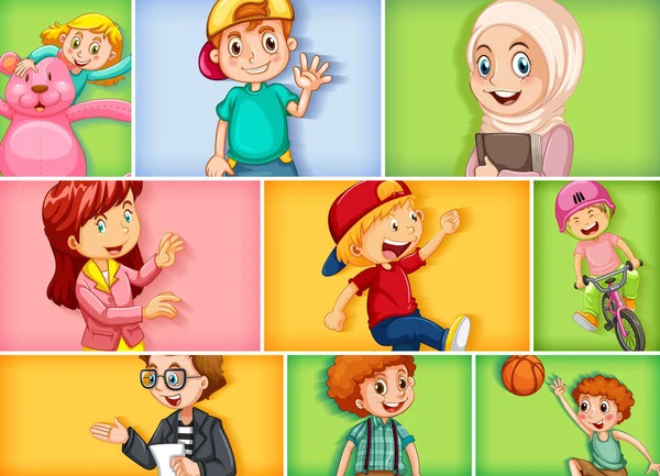 Σύνολο Διαφορετικών Παιδικών Χαρακτήρων Διαφορετική Έγχρωμη Απεικόνιση Φόντου — Διανυσματικό Αρχείο