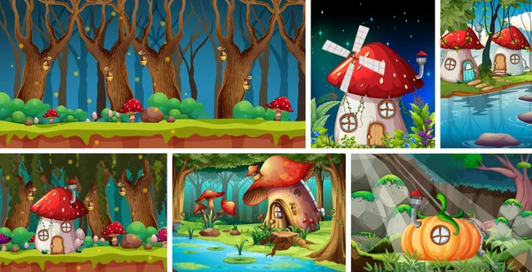 Seis Diferentes Escena Mundo Fantasía Con Vilage Fantasía Bosque Ilustración — Vector de stock