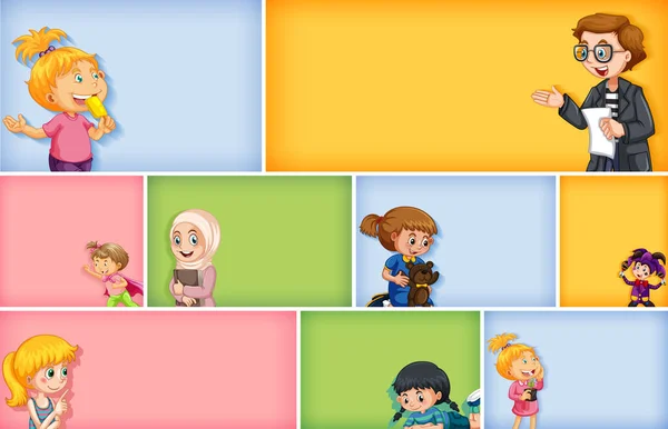 Set Diversi Personaggi Bambini Diverse Illustrazioni Sfondo Colori — Vettoriale Stock