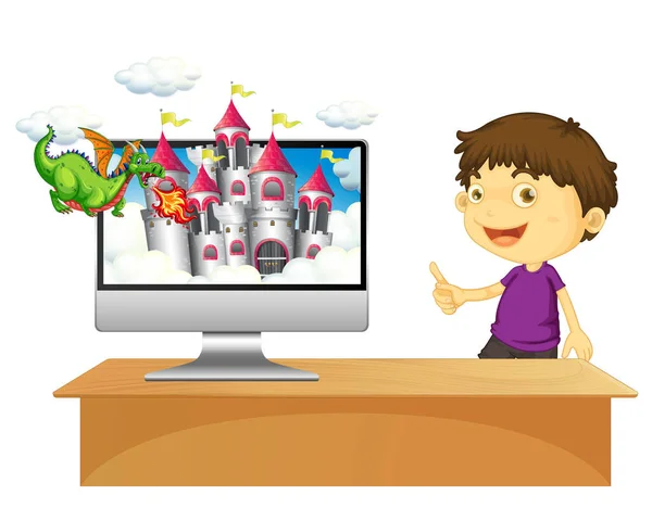 Menino Feliz Lado Computador Com Ilustração Tela Desktop Castelo —  Vetores de Stock