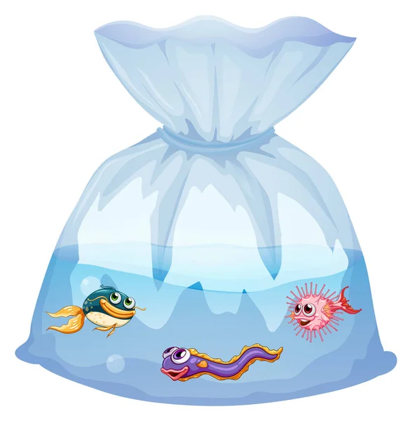 Cute Fishes Plastic Bag Cartoon Isolated Illustration — Stock Vector