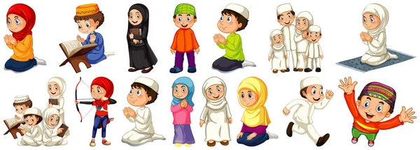 Conjunto Diferentes Personajes Dibujos Animados Musulmanes Aislados Sobre Fondo Blanco — Archivo Imágenes Vectoriales