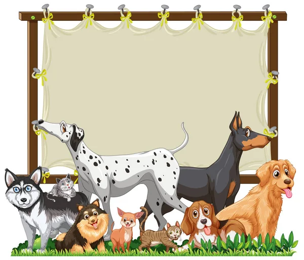 Plantilla Marco Madera Lona Con Lindos Perros Grupo Ilustración Aislada — Vector de stock