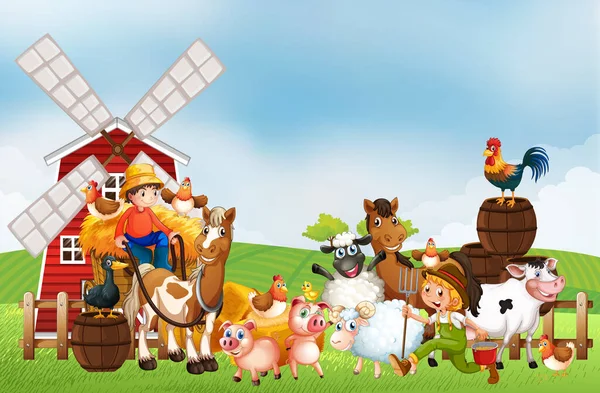 Fazenda Cena Natureza Com Moinho Vento Ilustração Fazenda Animal — Vetor de Stock