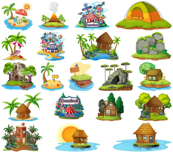 Set Different Bangalows Island Beach Theme Amusement Park Isolated White — Stock Vector