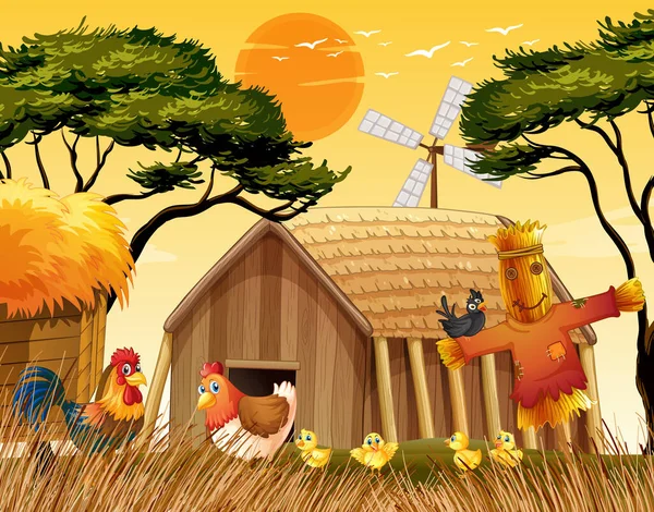 Ahırlı Yel Değirmenli Tavuk Resimli Bir Çiftlik Sahnesi — Stok Vektör