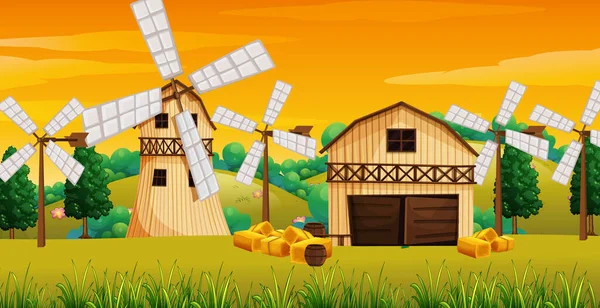 Granja Escena Naturaleza Con Granero Molino Viento Ilustración — Vector de stock