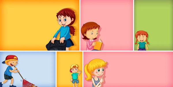 不同颜色背景图上的一组不同的儿童字符 — 图库矢量图片