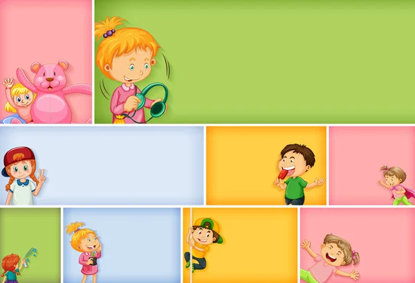 Set Diversi Personaggi Bambini Diverse Illustrazioni Sfondo Colori — Vettoriale Stock