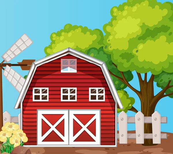 納屋と大きな木のイラストと自然のシーンの農場 — ストックベクタ
