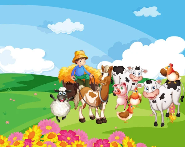 Farm Scene Animal Farm Cartoon Style Illustration — Stock Vector