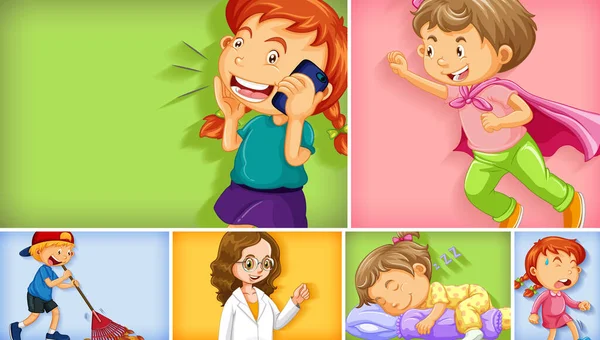 Conjunto Diferentes Personajes Infantiles Diferentes Ilustraciones Fondo Color — Vector de stock