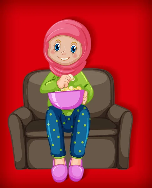 Desenho Animado Muçulmano Feminino Personagem Comendo Pipoca Ilustração — Vetor de Stock