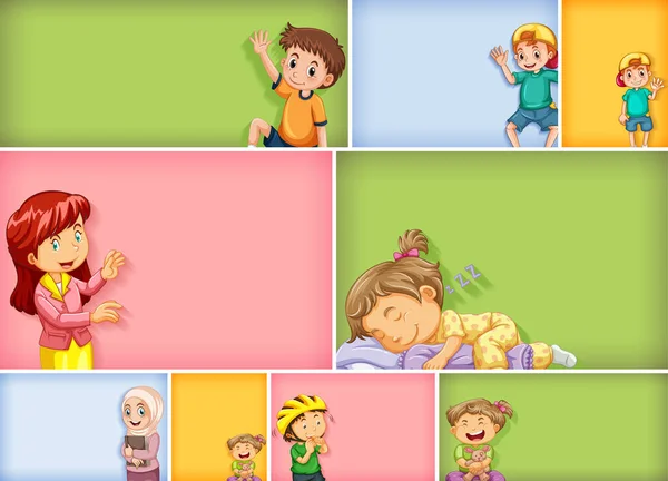 Set Diversi Personaggi Bambini Diverse Illustrazioni Sfondo Colori — Vettoriale Stock