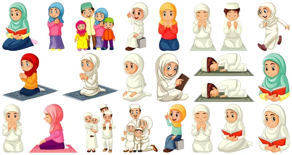 一组不同的穆斯林卡通人物在白色背景图上被隔离 — 图库矢量图片