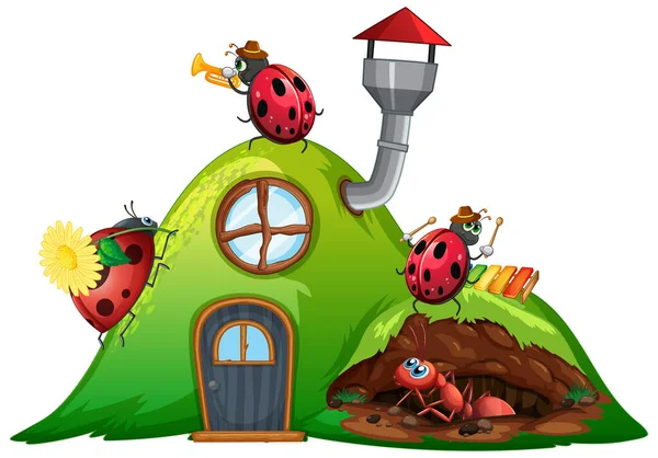 房子插图上有瓢虫和蚂蚁的场景 — 图库矢量图片