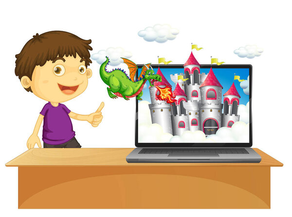 Happy boy with laptop and fairy tale story on screen illustration