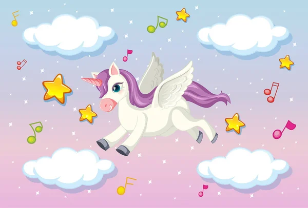 Pegasus Bonito Com Crina Roxa Voando Ilustração Céu Pastel — Vetor de Stock