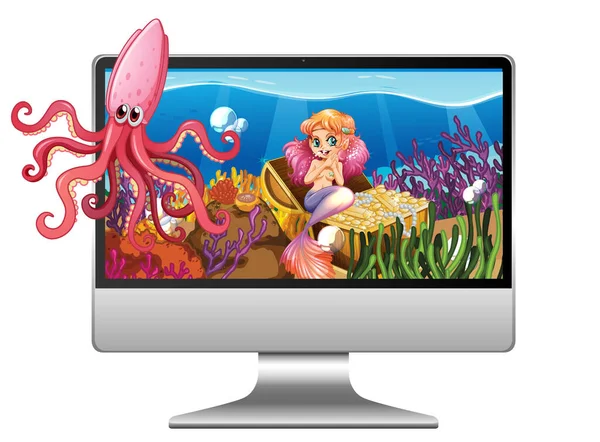 电脑屏幕上的美人鱼水下场景说明 免版税图库插图