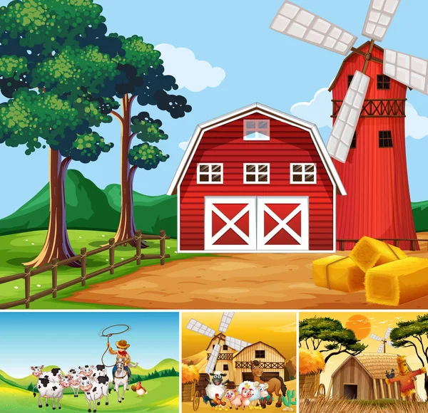 Set Different Farm Scenes Animal Farm Cartoon Style Illustration — Stock Vector