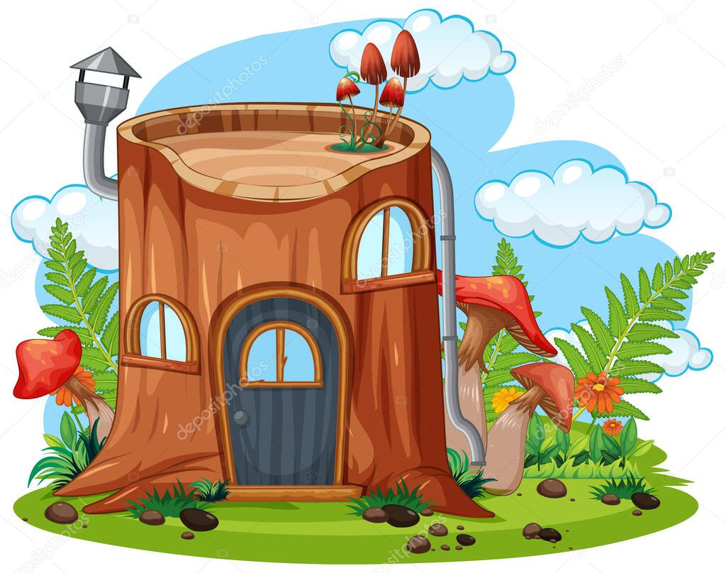 Tree stump fairy house illustration