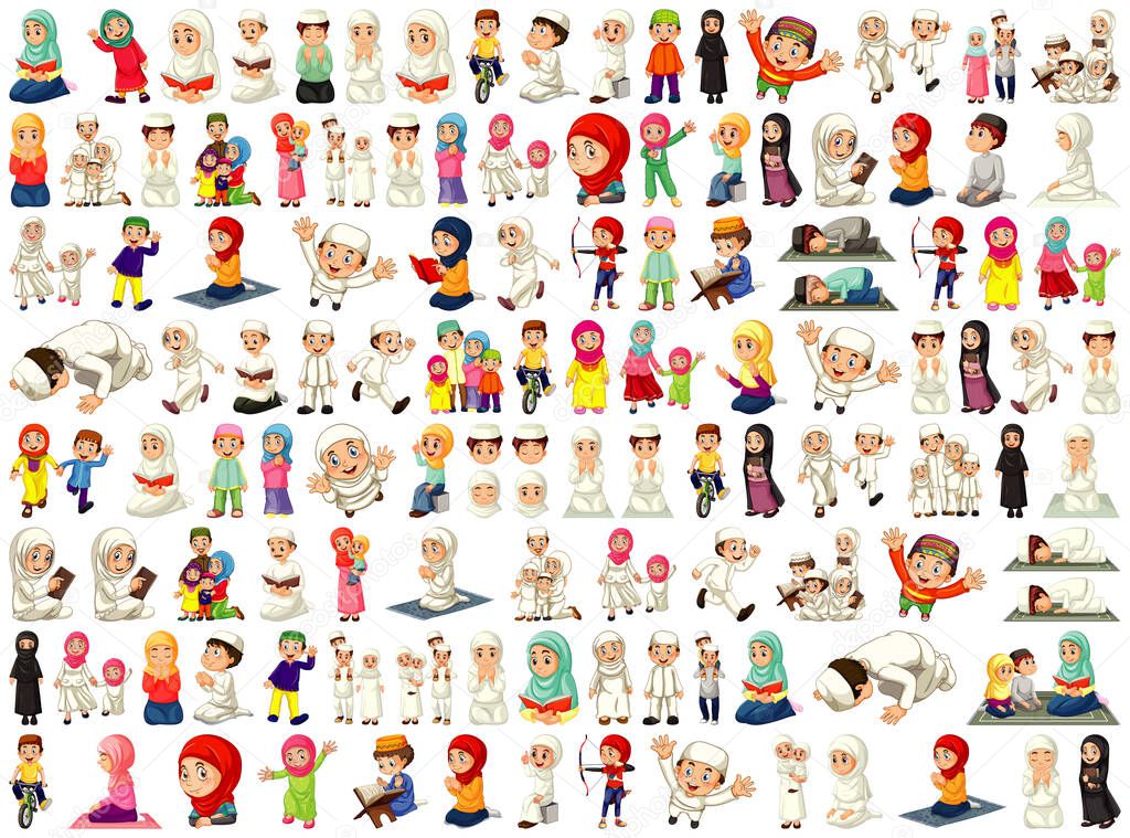 Set of different muslim people cartoon character isolated on white background illustration
