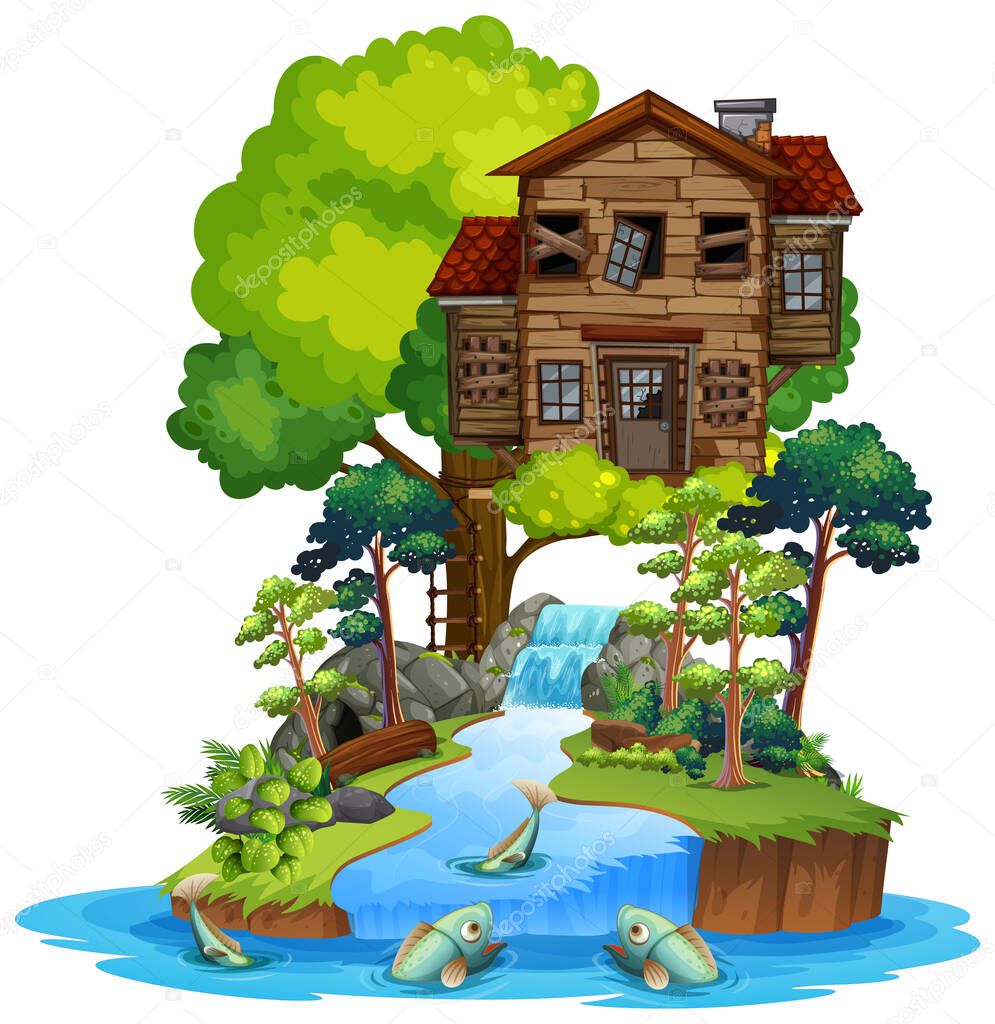 Old wooden tree house on island illustration