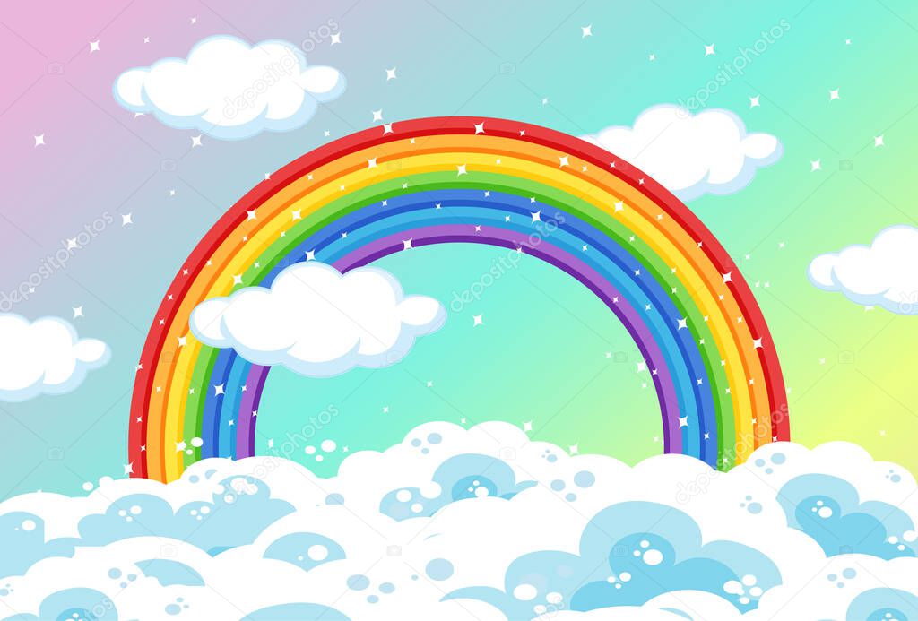 Rainbow with clouds and glitter on pastel sky background illustration