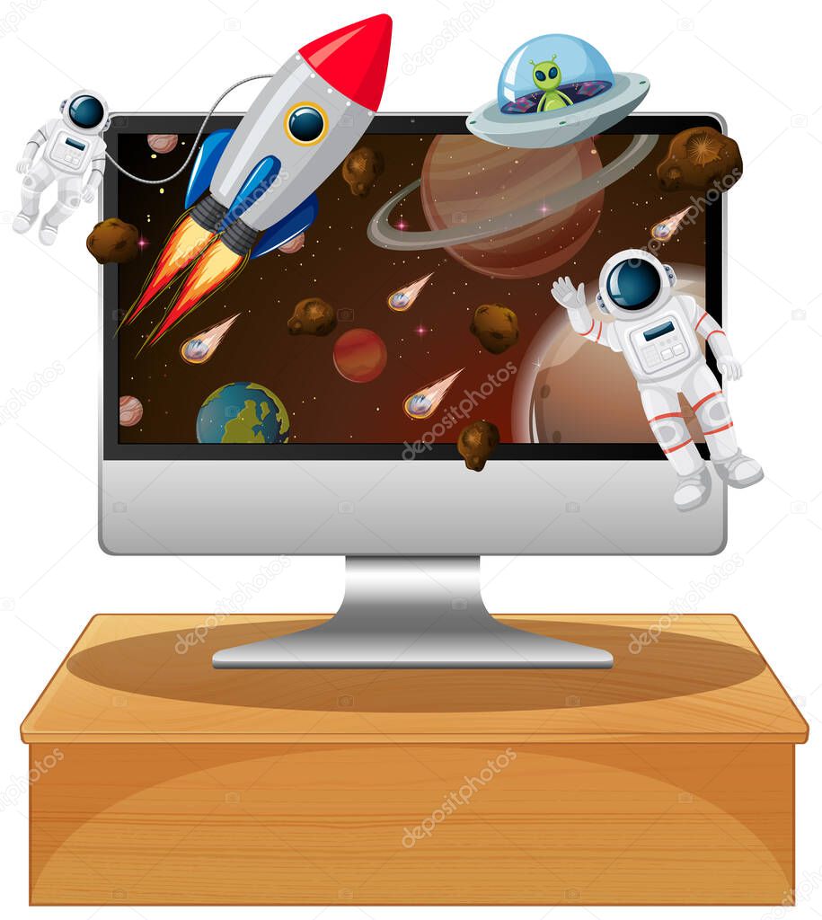 Computer with space scene illustration