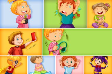 Farklı arkaplan resimlerinde farklı çocuk karakterleri kümesi