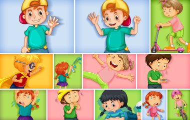 Farklı arkaplan resimlerinde farklı çocuk karakterleri kümesi