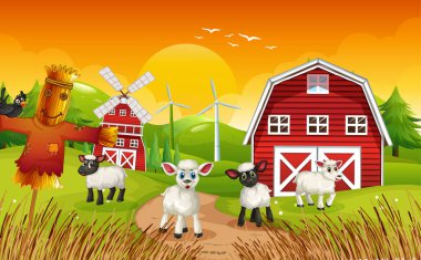 Ahırlı, korkuluklu ve koyunlu doğa sahnesi