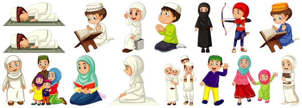 白い背景のイラストに孤立した異なるイスラム教徒のキャラクターのセット — ストックベクタ