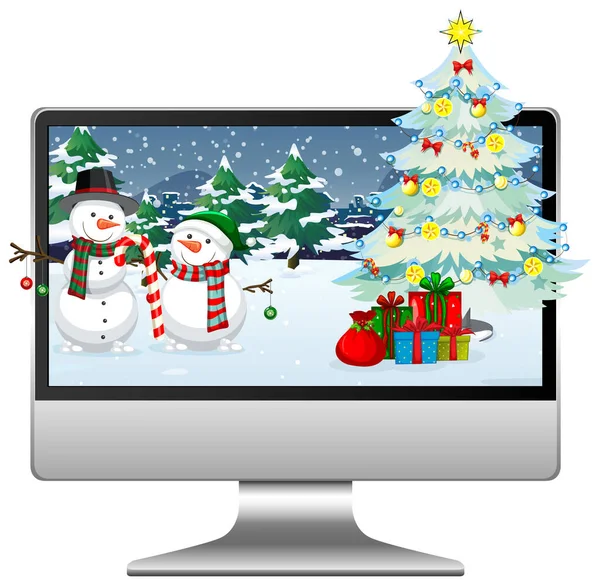 Počítač Zimní Vánoční Téma Desktop Pozadí Ilustrace — Stockový vektor