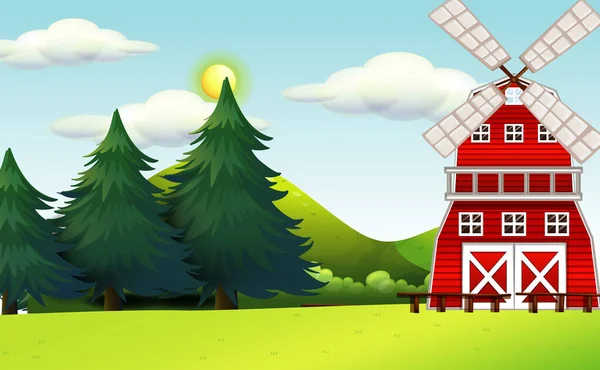 Boerderij Natuur Scene Met Windmolen Grote Dennen Illustratie — Stockvector