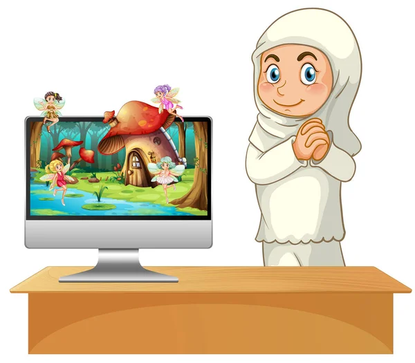 Muslimská Dívka Vedle Počítačové Ilustrace — Stockový vektor