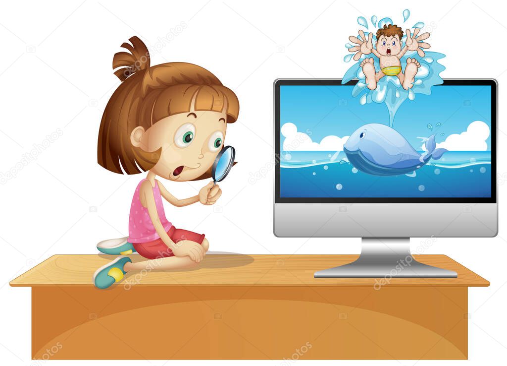 Girl look through magnifying glass to computer screen illustration