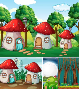 Mantar köyü illüsü gibi fantezi mekanları olan dört farklı fantezi dünyası.